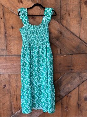 THML Teal and White Smocked Maxi Dress